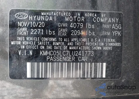 2020 Hyundai Ioniq Hybrid Limited from USA, damaged, VIN KMHC05LC7LU241773